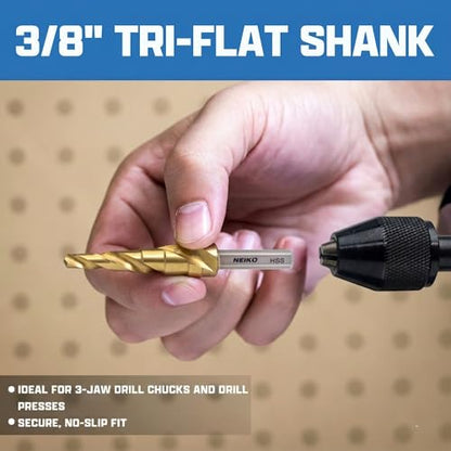 NEIKO 10612A Step Drill Bit, 10 Steps 1/4" to 1-3/8" Spiral High Speed Steel, Titanium Nitride Coated, 3/8" Tri Flat Step Bits for Steel, Metal, Wood, Plastic, Unibit Cone Drill Bits, Two Flute - size: #5 (1/4 - 1-3/8", 10S), style: Spiral