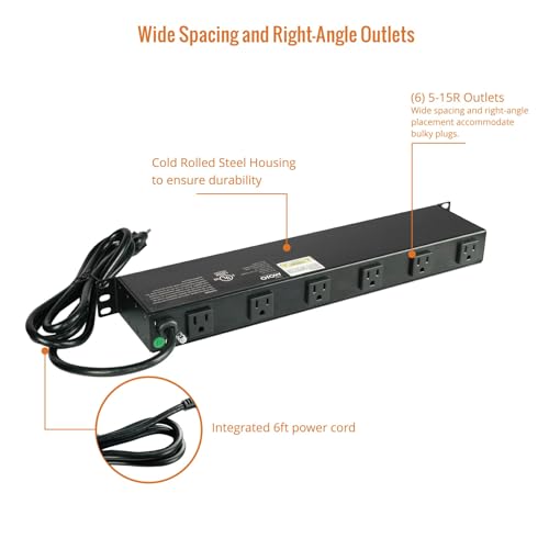 Tecmojo 1U Rackmount Network-Grade PDU, 12 Wide-Spaced Right Angle Outlets, Circuit Breaker 12A (UL Certified 12A) 6ft Cord w/ 5-15P Plug, Black(SKU# 13111201) - size: 12 Outlets/12A/Overloading Protection