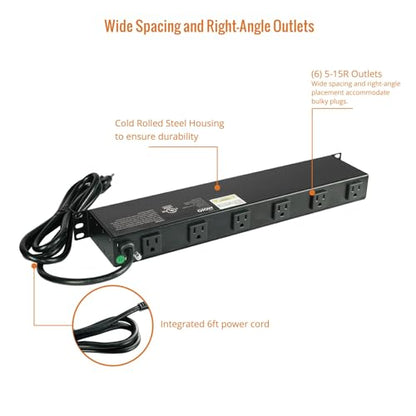 Tecmojo 1U Rackmount Network-Grade PDU, 12 Wide-Spaced Right Angle Outlets, Circuit Breaker 12A (UL Certified 12A) 6ft Cord w/ 5-15P Plug, Black(SKU# 13111201) - size: 12 Outlets/12A/Overloading Protection