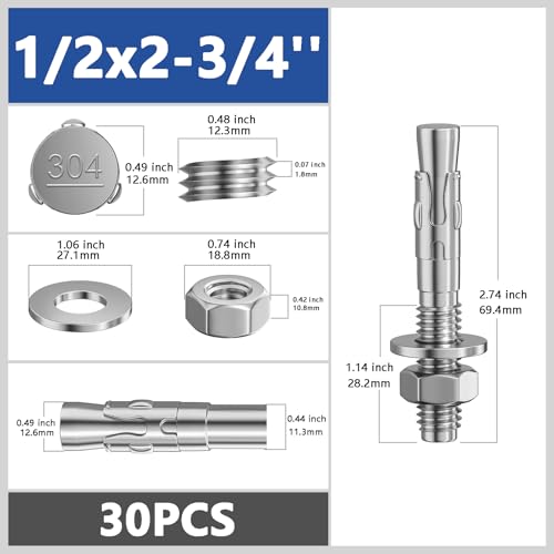 Wensilon 30Pcs 1/2x2-3/4 Inch Standard Fasteners for Heavy-Duty 304 Stainless Steel Wedge Anchors for Cement and Concrete - size: 1/2x2-3/4"