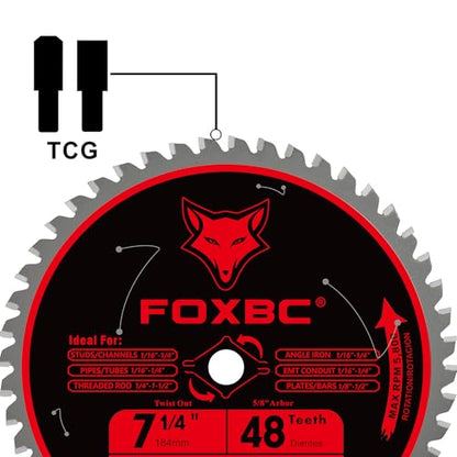 FOXBC 7 1/4 inch Metal Circular Saw Blade 48 Teeth, Metal and Stainless Steel Cutting Saw Blade, Ceramic Carbide with 5/8 Arbor - 2 Pack