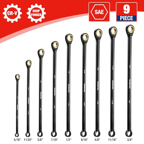 WORKPRO Extra Long Ratcheting Wrench Set, 9-Piece Anti-Slip Double Box End Wrench Set, SAE 5/16-3/4 in, 72-Tooth, Cr-V Steel and Black Electrophoretic Coating Wrenches with Rolling Pouch - size: SAE