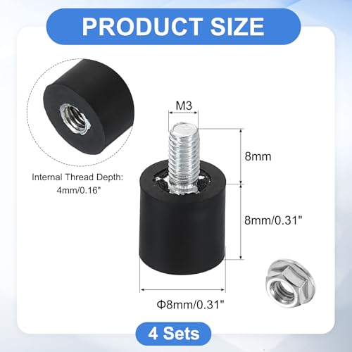 uxcell M3 Rubber Mounts, 4Pcs 8x8mm(DxH) Rubber Cylindrical Anti Vibration Isolator Shock Absorber with Lock Nuts for Car Bobbin Generator Air Compressors - size: M3x8mm, 8x8mm Rubber