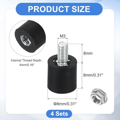 uxcell M3 Rubber Mounts, 4Pcs 8x8mm(DxH) Rubber Cylindrical Anti Vibration Isolator Shock Absorber with Lock Nuts for Car Bobbin Generator Air Compressors - size: M3x8mm, 8x8mm Rubber