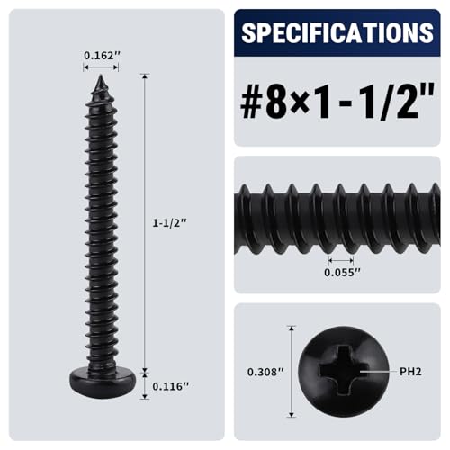 #8 x 1-1/2" (50 Pack) Stainless Steel Pan Head Self Tapping Screws, 304 SS (18-8) Black Coated, Phillips Drive Round Head Corrosion Resistant Screws for Wood & Sheet Metal - size: #8 x 1-1/2"