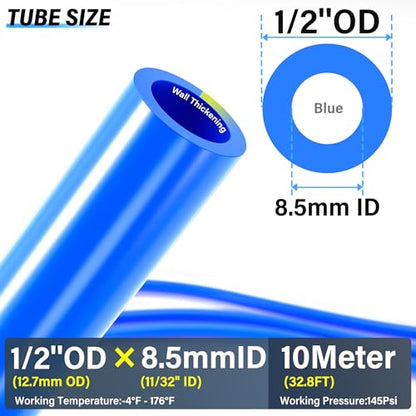 TAILONZ PNEUMATIC Blue 1/2 Inch OD 10 Meter 32.8ft PU Polyurethane Air Tubing Kit Pipe Hose Air Line Tubing Air Hose Fittings Push to Connect Fittings(27PCS) - color: Blue, size: 1/2" OD - 32.8 FT