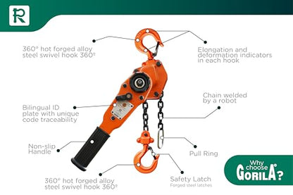 GORILA Manual Lever Hoist 360° | Manual Ratchet Chain Puller Hoist | 1100LBS - 5FT (0,5 Ton - 1,5m) | Safety Factor 4:1 | Since 1989 - size: 1100lbs - 5ft / 0,5t - 1,5m