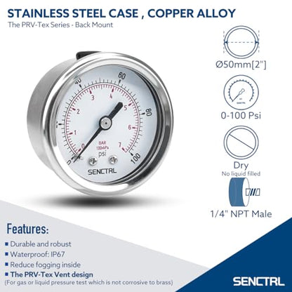 SENCTRL 0-100 Psi Pressure Gauge, 1/4" NPT Back Mount - size: 0-100Psi, style: Back Mount