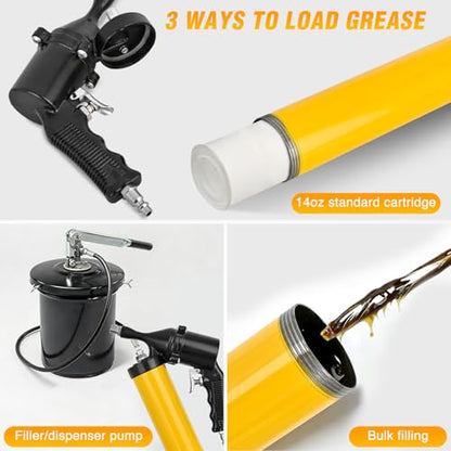 GOOACC Pneumatic Grease Gun 6000 PSI 14oz Heavy Duty Air Operated Grease Gun Kit with 18" Spring Flex Hose Rigid Pipe Coupler Pistol Grip Grease Guns for Automotive Farm Industrial Marine, Yellow 6PCS - size: Pneumatic 14oz Yellow 6PCS