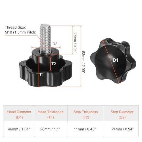 HARFINGTON 4pcs Star Knobs M10 x 25mm 304 Stainless Steel Threaded Stud 46mm Plastic 6-Star Head Hand Tightening Thumb Screw Clamping Jig Knob Handle, Black - size: M10 x 25mm x 46mm