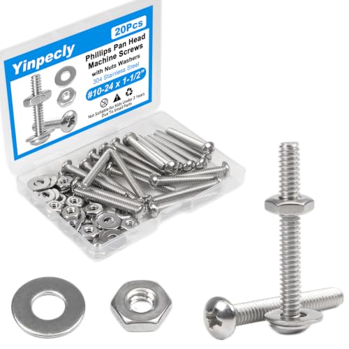 20 Sets #10-24 x 1-1/2" Pan Head Machine Screws Nuts Washers Kit - size: #10-24 x 1-1/2"