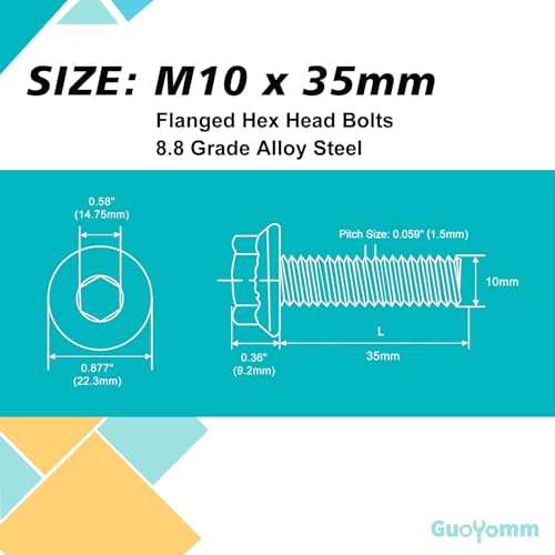 M10 x 35mm 10pcs Flanged Hex Head Bolts, M10 x 1.5 Bolts, Flange Hexagon Head Screws, 8.8 Grade Alloy Steel, Yellow Zinc Plated, Metric Fully Thread - size: M10 x 35mm(10PCS)