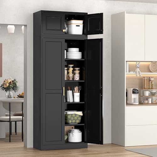 86" Tall Pantry Cabinet, Metal Storage Cabinet with Doors - color: Black, size: 86"H-Square
