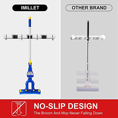 IMILLET 2 Pack Broom Holder Wall Mount Stainless Steel Mop Organizer - color: Stainless Steel - 3 Racks with 4 Hooks, size: 2 Pack