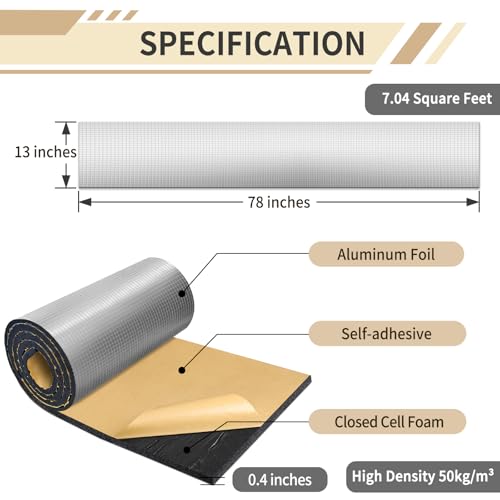 TroyStudio Sound Proof Closed Cell Foam, Self-Adhesive 13'' x 78" Heat Shield Acoustic Rubber Foam Sheet - Waterproof Noise Vibration Thermal Insulation Roll for Home, Car, HVAC, Pipe, Machine - color: Black, Rubber Foam, size: 13" x 78" x 0.4"