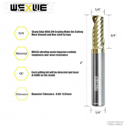 Tools Solid Carbide CNC Spiral Single Flute End Mill -ZrN Coating for Acrylic Plate Aluminum, Wood, Plastic, Brass, Copper Cutting - 1/4 Diameter 1/4" - size: ZrN 1/4-2.0" 1PCS