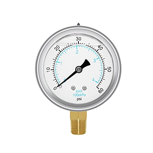 Joywayus Pressure Gauge 0-60 PSI Brass 1/4" NPT Male Thread Lower Mount, Glycerin Filled, Stainless Steel Case, Multiple Function - size: 0-60PSI--1/4", style: Glycerin Filled