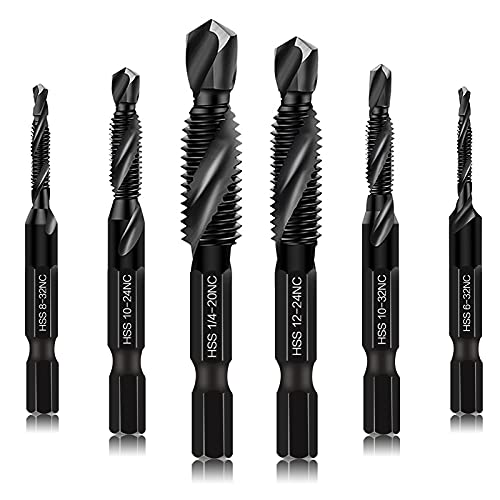 6 Packs Combination Drill & Taps Bit Set, Screw Tapping in SAE Size 6-32nc 8-32nc 10-32nc 10-24nc 12-24nc 1/4-20nc with Anti-Rust Black Coating, 1/4” Hex Shank and Storage Case - size: 6 Pcs Tap Set