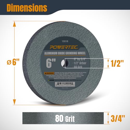 POWERTEC Bench Grinder Wheel 6 Inch 80 Grit, Aluminum Oxide Grinding Wheel for Bench Pedestal Grinder, 3/4" Thick 1/2" Arbor, Sharpening & Shaping Drill Bits, Blade, and Chisel 1PK (15518) - size: 80 Grit, 1PK