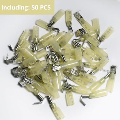 50 PCS Heat Shrink Piggyback Spade Connectors, Insulated Quick Disconnect Crimp Terminal, Electrical Butt Terminals for Marine, Electronics, Automotive AWG 12-10-Yellow - style: AWG 12-10/Yellow