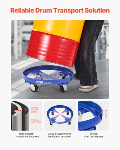 VEVOR 55 Gallon Drum Dolly, 2000 lbs Load Capacity, Heavy-Duty Barrel Dolly with Cross Braces and 4 Swivel Caster Wheels, Non Tipping Hand Truck Capacity Dollies for Warehouse Drum Handling, Blue - size: 1 PC, style: 4 Swivel-Blue