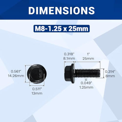 16-Sets M8-1.25 x 25mm Grade 10.9 Flange Hex Bolts + Flange Nut + Flat Washer + Lock Washer Combo Pack, Black Oxide, for Automotive & Machinery - size: M8-1.25 x 25mm