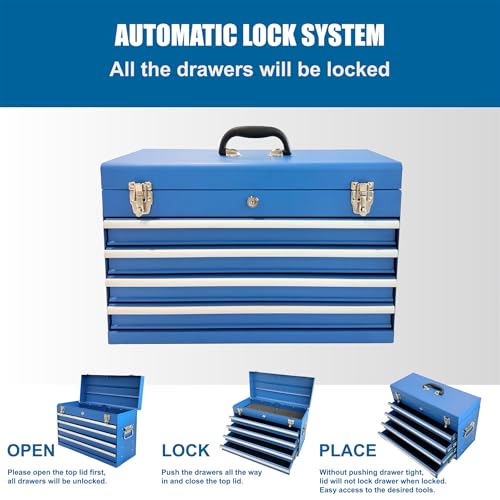 Heavy Duty Metal Tool Box, 21-inch, Portable Metal Tool Box with 4 Drawers, Small Tool Chest with EVA Liners, Ball Bearing Slide Drawers Locking & Powder Coated Finish, Multi-Function Tool Organizer - color: Tool Box-blue
