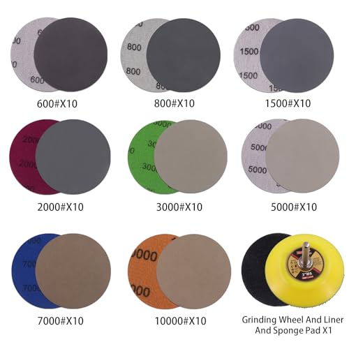 MAXMAN 3 Inch Sandpaper (75mm) Silicon Carbide Wet/Dry Hook & Loop Sanding Discs Assorted 600/800/1500/2000/3000/5000/7000/10000 Grit with 1/4 Shank Sanding Pad &Sponge Polishing Pad(82pcs) - style: 600-10000 Grit
