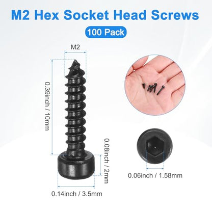 M METERXITY 100 Pack Hex Socket Head Screws, M2x10mm Stainless Steel Bolts Full Thread Self Tapping Screws for Furniture Machinery Electrical Appliances [Black] - size: M2x10mm