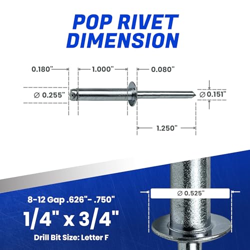 Fastenere Pop Rivets 1/4" x 3/4" (25 pcs) Aluminum Body Steel Mandrel, Heavy Duty, Open End, Low Carbon, Dome Head Blind Rivets, Corrosion Resistant & High Shear Strength, 8-12 Gap .626" - .750" - size: 1/4" x 3/4" (8-12) (25 Pack)