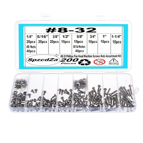 200 Pieces #8-32 Phillips Pan Head Machine Screws Nuts Washers Assortment Kit, Coarse Thread, Fully Machine Threaded, 304 Stainless Steel - size: #8-32