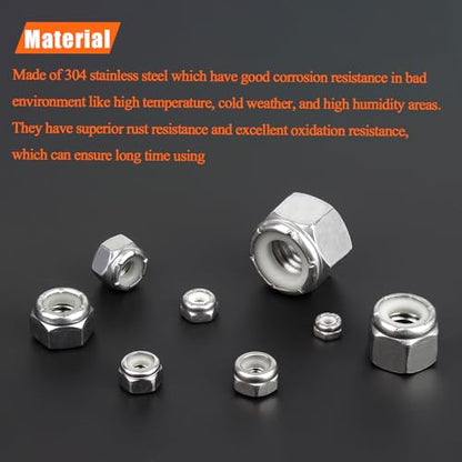 #6-32#8-32#10-24 1/4"-20 5/16"-18 Lock Nuts, HELIFOUNER 124 Pieces 5 Sizes Nylon Insert Hex Lock Nuts Assortment Kit, 304 Stainless Steel (18-8) Locknuts, Coarse Thread - size: #6-32 to 5/16"-18 (124 pcs)
