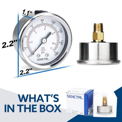 SENCTRL 0-160 Psi Pressure Gauge, 1/4" NPT Back Mount - size: 0-160Psi, style: Back Mount