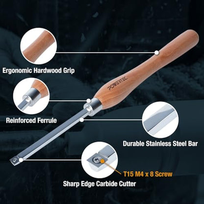POWERTEC 3 Pcs Carbide Lathe Tools for Woodturning, Wood Lathe Tools with Flat Edge Square, Round and Diamond, T15 Star Key Wrench, Lathe Tools with Replaceable Blade (71825) - style: 3pcs set