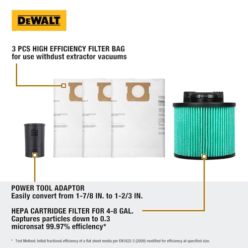 DEWALT Shop Vac HEPA Filter Replacement, 3-Pack Dust Bags & Tool Adapter - style: DXVA19-0502