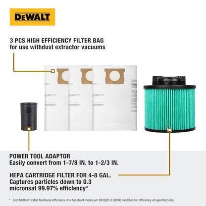DEWALT Shop Vac HEPA Filter Replacement, 3-Pack Dust Bags & Tool Adapter - style: DXVA19-0502