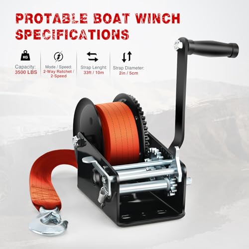 Nilight Boat Trailer Winch 3500 LBS Hand Crank Winch Heavy Duty Boat Winches with 33 FT Orange Strap Rope Hook Two Way Ratchet 4:1 8:1 Gear Portable Marine Manual Winch for Trailers Boat RV ATV Towing - color: Orange, size: 3500 lbs