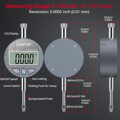 XUNTOP 0.7-6"/0.0005" Digital Indicator Bore Gauge with 5-6"Depth Measuring