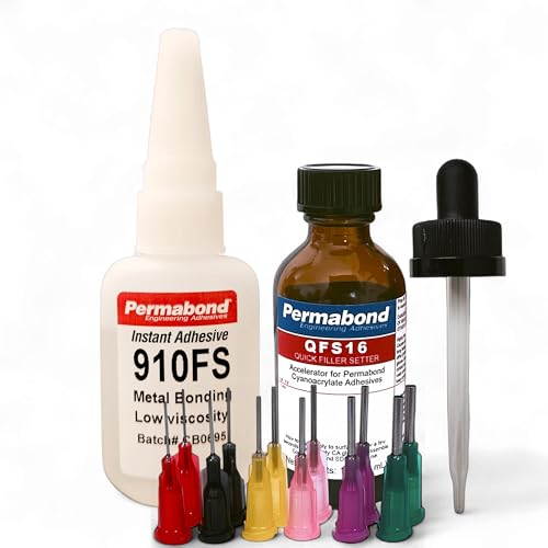 PERMABOND 910FS Original Methyl Cyanoacrylate Adhesive, Ultra-Fast Set, Low Viscosity, Industrial Metal Bonding, Professional Grade (Glue + Tips + Accelerator, 1oz) - style: Glue + Tips + Accelerator