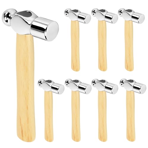 8 PCS Ball Peen Hammer, Mini Wooden Round Head Hammer with Wood Handle, Reinforced Ball Peen Hammers for Woodworking, Repairing, Camping, Chrome-Plated