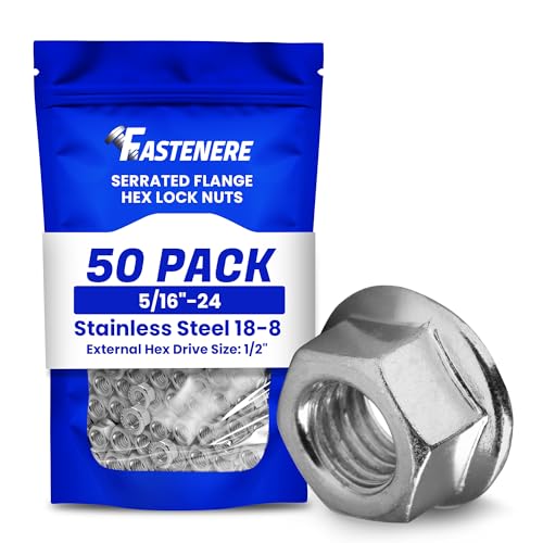 Fastenere Serrated Flange Nuts – 5/16"-24 (50-Pack), Durable Stainless Steel 18-8 Hex Lock Hardware Nuts, Corrosion-Resistant, Fine Plain Finish for Home, Automotive & Industrial Use - size: 5/16-24 (50 Pack)