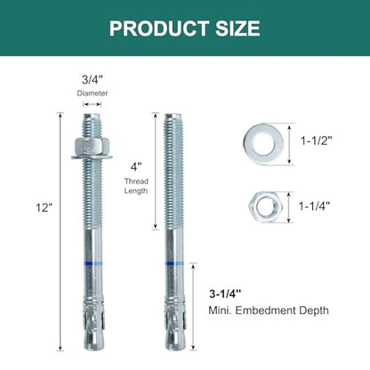3/4" x 12" Concrete Anchors (10 Pack) 3/4 inch Wedge Anchors Bolts Zinc Plated - size: 3/4"x12"