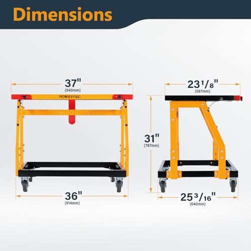 POWERTEC Panel Transfer Cart with Tilting Top - Multi-Purpose Mobile Shop Stand, 220lbs Capacity, 31-37" Adjustable Height, 4" TPR Wheels - 2 Casters with Brake 2 Without (UT1011)