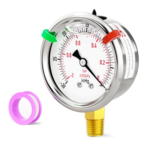 -30inHG-0psi Stainless Steel Glycerin Liquid Filled Vacuum Pressure Gauge 1/4" NPT 2.5" Face Dial Center Lower Mount, for Water, Oil and Air Pressure Testing (with Range Mark Pointer) - size: -30inHG-0psi