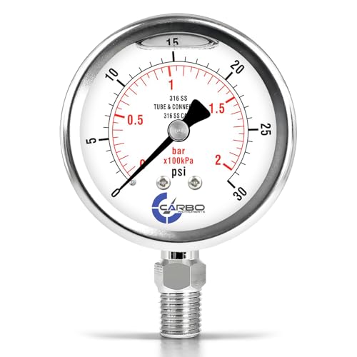 Carbo 30 PSI Liquid Filled Pressure Gauge with NIST Traceable Certificate, Calibrated in USA Lab, 2.5" Dial, 1/4 NPT Lower Mount, ASME Grade A, 316 SS Case, 316 SS Wetted Parts, PSI/Bar - size: 0-30 PSI, style: NIST TRACEABLE