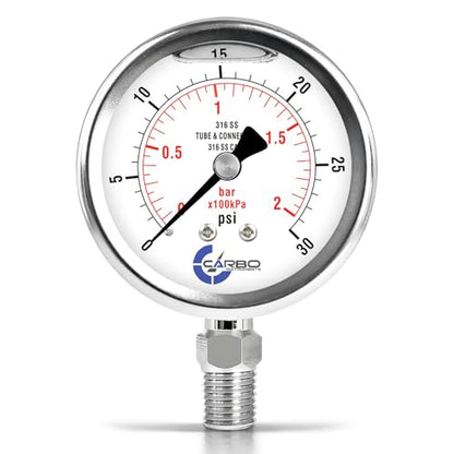 Carbo 30 PSI Liquid Filled Pressure Gauge with NIST Traceable Certificate, Calibrated in USA Lab, 2.5" Dial, 1/4 NPT Lower Mount, ASME Grade A, 316 SS Case, 316 SS Wetted Parts, PSI/Bar - size: 0-30 PSI, style: NIST TRACEABLE