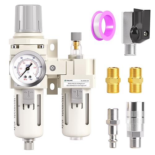 TAILONZ PNEUMATIC 1/2 Inch NPT Air Filter Pressure Regulator Water/Oil Trap Separator Combo(0-145PSI),Air Tool Compressor Filter with Gauge AC4010-04(Manual Drainage) - color: Manual/2 in 1, size: 1/2"NPT