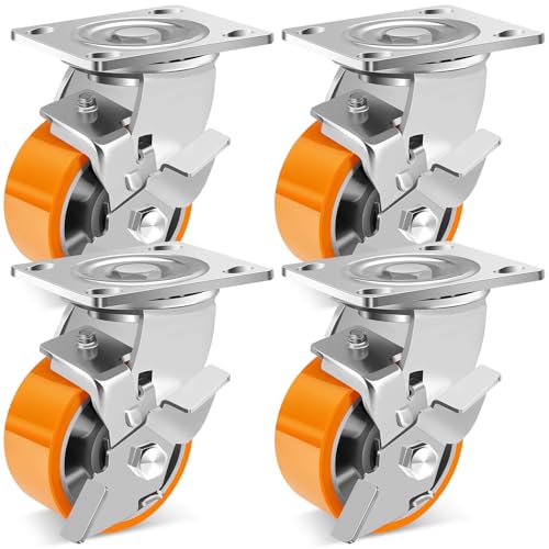 W B D WEIBIDA 4-Inch Industrial Grade Casters Wheels, Heavy Duty Casters Set of 4 with Brake 3200 Lbs, Maintenance-Free Polyurethane on Aluminum Wheels, Plate Swivel Casters for Machine, Workbench - size: 4 IN