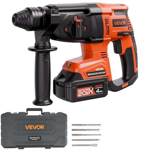 VEVOR 1" SDS-Plus Rotary Hammer Drill, 20V Brushless Cordless SDS Hammer Drills, 4.0Ah Lithium-Ion Battery Powered,3.0A Fast Charger, 4 Modes,Rotomartillo for Concrete,1200 RPM, 5300 BPM - size: 1 in