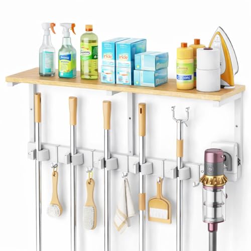 Upgraded Broom Holder Wall Mount with Shelf, Mop and Broom Organizer Wall Hanging, Cleaning Supplies Organizer with 5 Grippers, 4 Hooks and Vacuum Holder for Laundry Room, Garage, Kitchen - size: Large